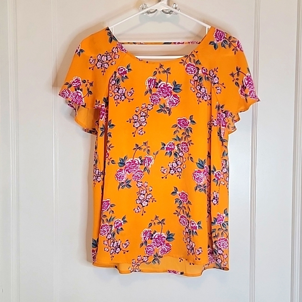 Pink Rose Sheer Orange w/ Floral Design Blouse